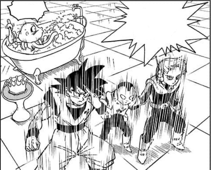 Goku, Jaco y Merus con el Rey Galáctico