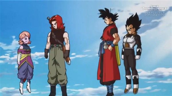 Chronoa, Trunks, Goku y Vegeta Xeno